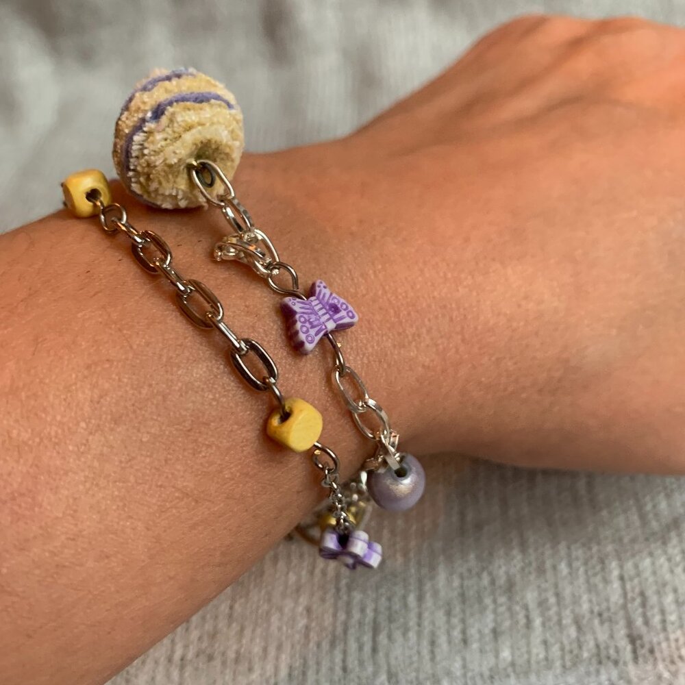 2x14$ ☃️ ❄️ Handmade - Recycle fabric Pompom bracelet beads chains Violet yellow